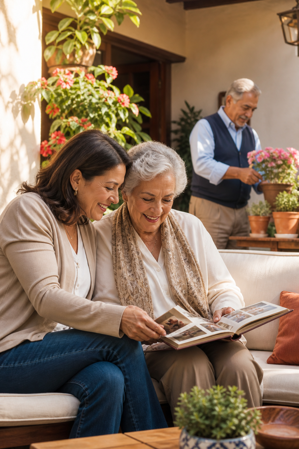 Madre e hija adultas compartiendo un álbum familiar en un jardín