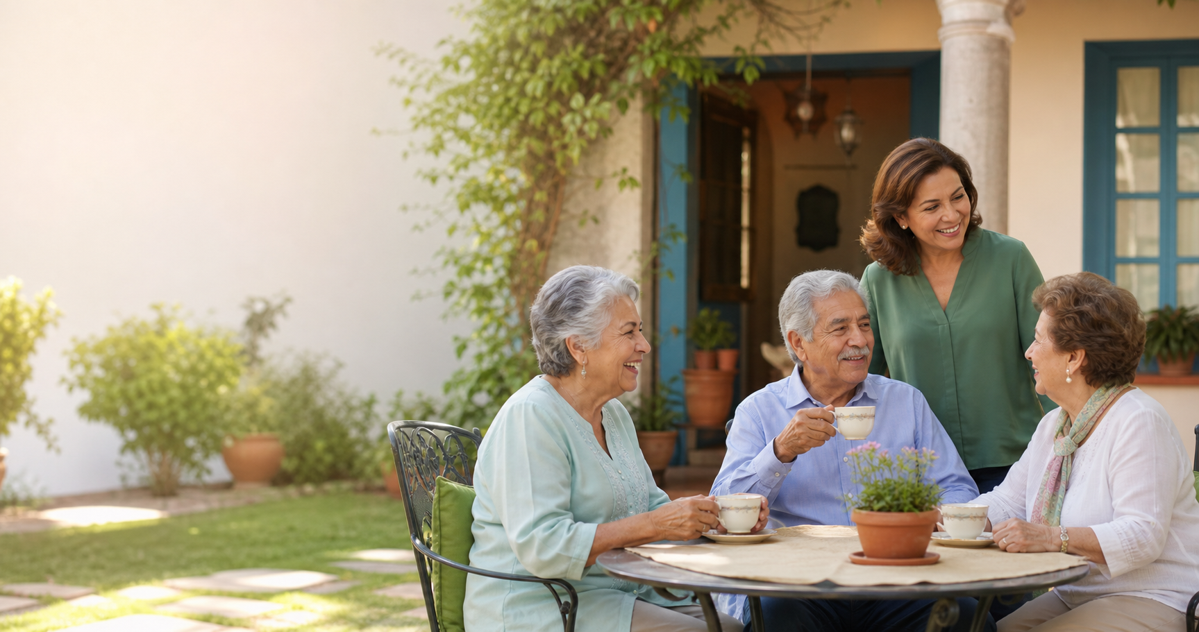 Personas adultas mayores conviviendo tranquilamente en el patio de una casa